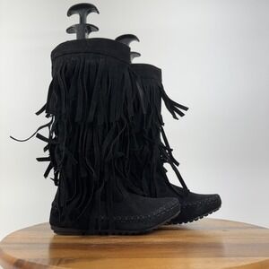 New Big Kids Krazy Kicks Fringy Black Faux Leather Moccasin Boots Size 2 Y NWOB